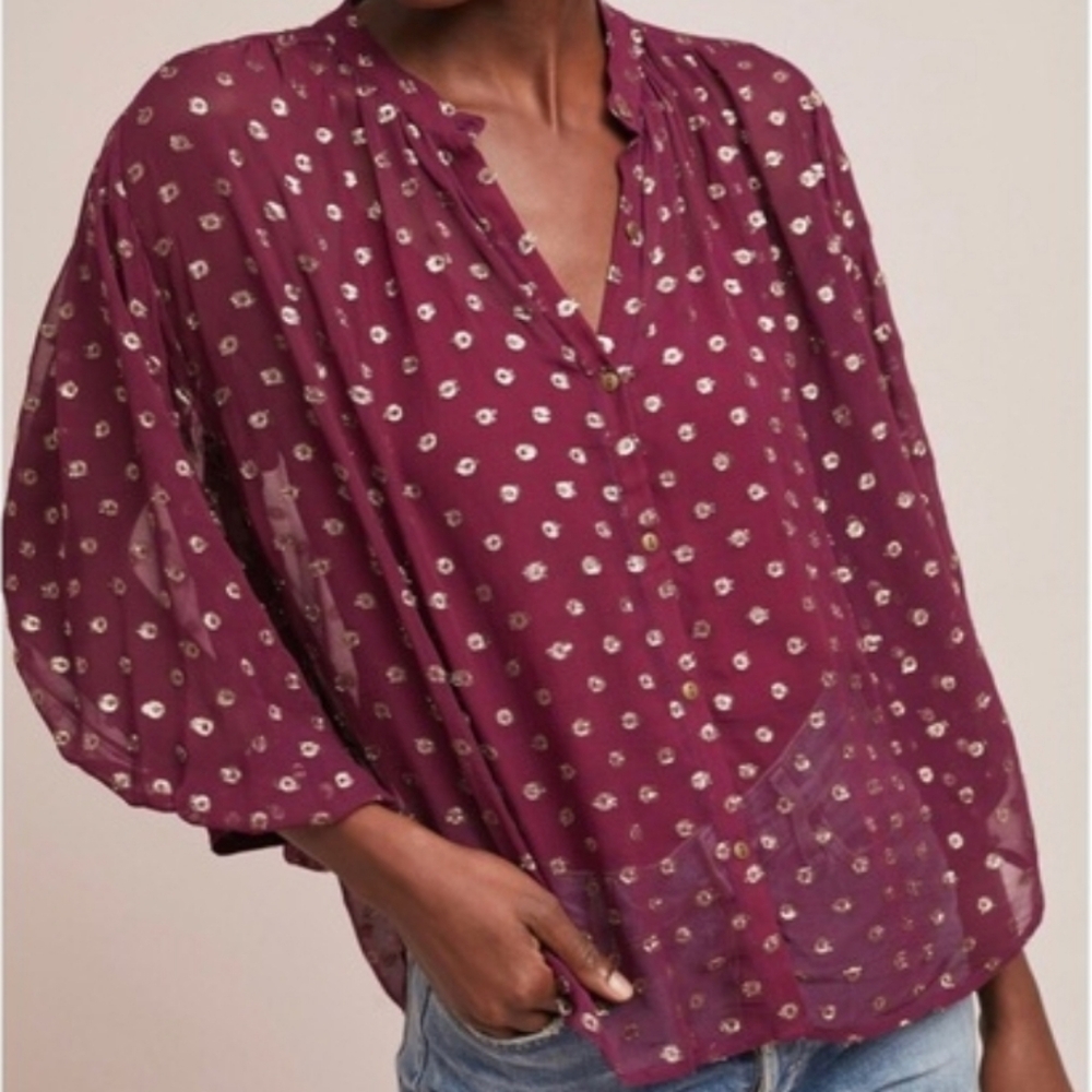 Anthropologie × Moulinette Soeurs Allegra Foil Printed Sheer Blouse XS